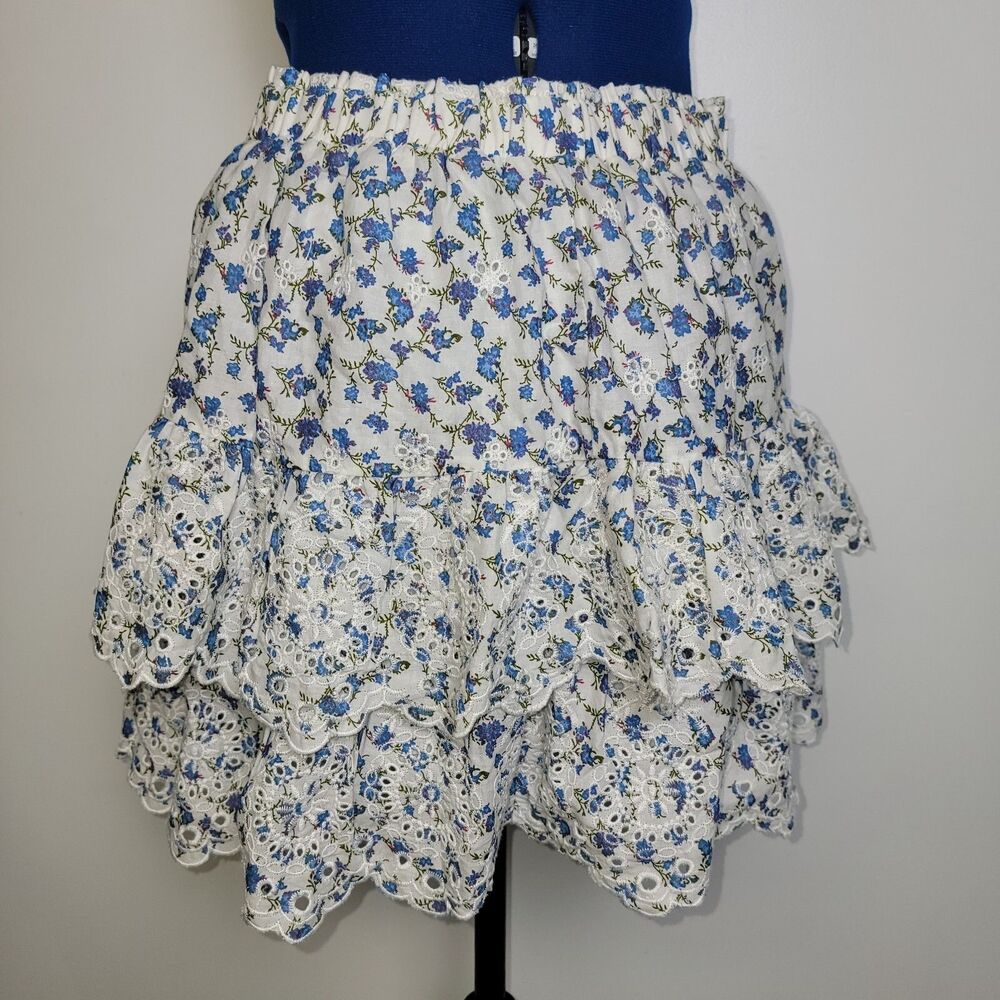 Jennifer & Grace Elastic Waist Mini Flounce White w/Blue Floral Cotton Skirt M